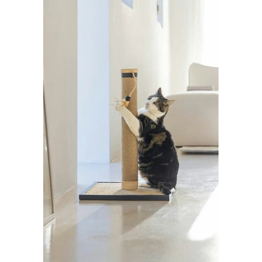 Griffoir pour chat avec poteau à griffer, avec chat noir, blanc et gris qui fait ses griffes