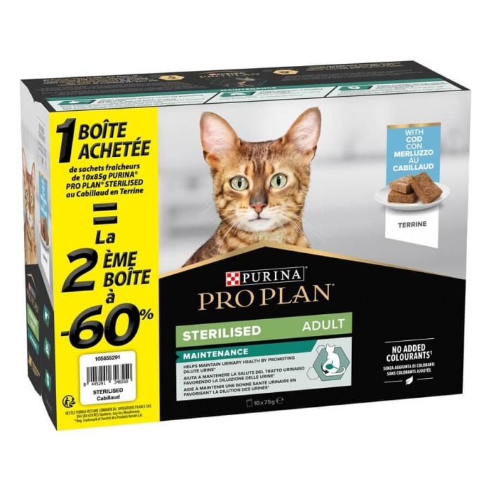 Purina Pro Plan Maintenance pour chats stérilisés – Terrine au cabillaud, lot de 2 x (10 x 75 g)