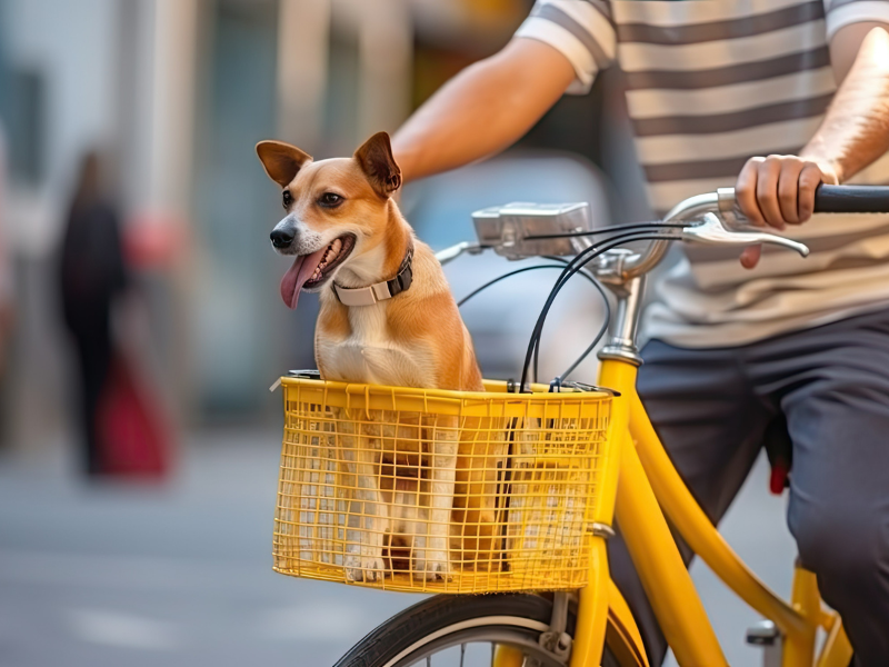 chien transporter dans un panier pour vélo